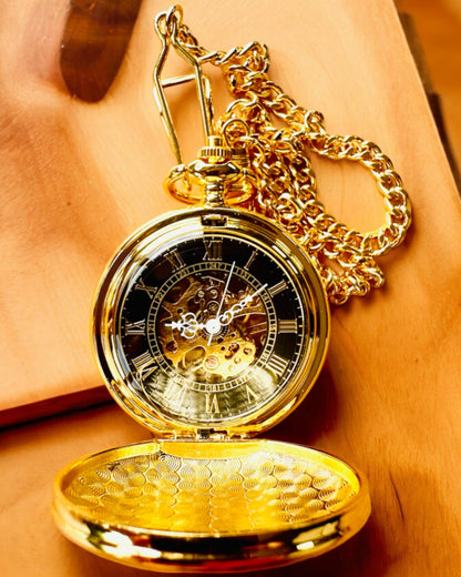 Grand Elegance Pocket Watch with Double Cover, Manual, Gold Color, with engraving for a gift