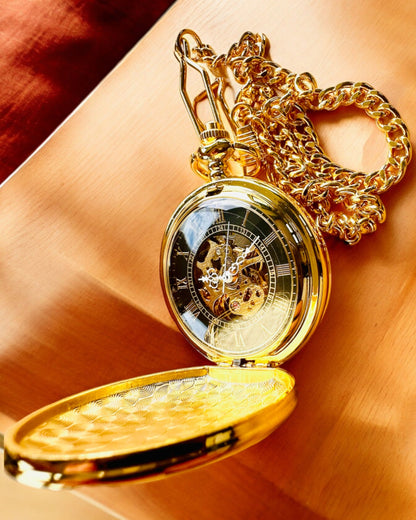 Grand Elegance Pocket Watch with Double Cover, Manual, Gold Color, with engraving for a gift