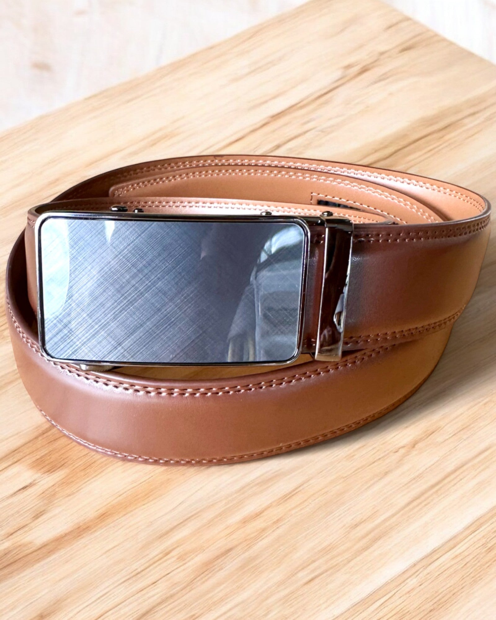 Brown Men's Belt with Automatic Buckle, personalization option with engraving for a gift