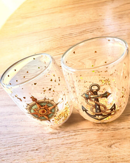 Verres "Nautical Dreams" à double paroi et flocons d'or - ensemble de 2 pièces, capacité de 300 ml, possibilité de personnalisation par gravure.