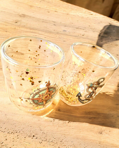 Verres "Nautical Dreams" à double paroi et flocons d'or - ensemble de 2 pièces, capacité de 300 ml, possibilité de personnalisation par gravure.