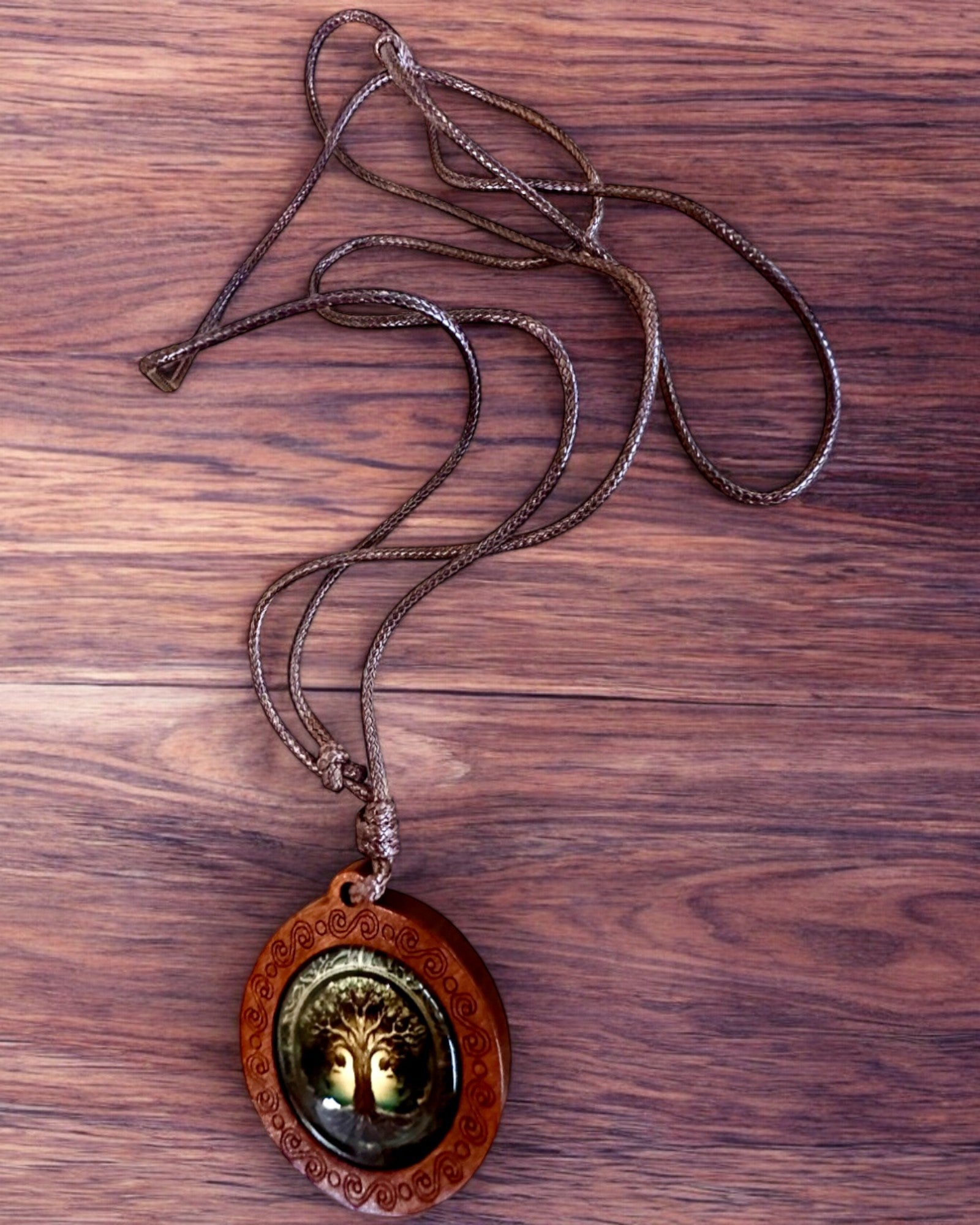 "Tree of Ancestors" Life Amulet - Handcrafted Wooden and Glass Necklace, personalization option with engraving for a gift