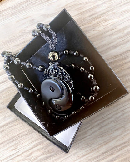 Amulette Obsidienne Yin Yang avec Gravure - Harmonie et Protection, personnalisation par gravure pour un cadeau