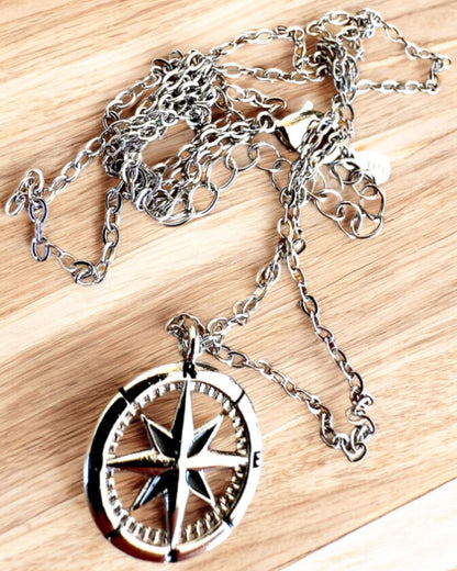 Silver Necklace with a Small Symbol - Compass "Traveler", personalization option with engraving for a gift