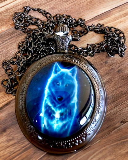 Montre de Poche Lunar Wolf – Horloge du Loup Lunaire, possibilité de personnalisation par gravure pour un cadeau