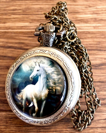 Zakhorloge Unicorn Elegance met ketting, eenhoornmotief, gratis gravure op aanvraag