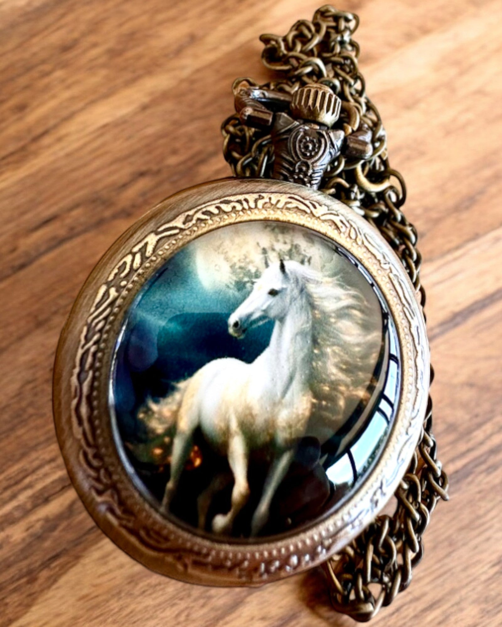 Unicorn Elegance pocket watch with chain, unicorn motif, custom engraving free of charge