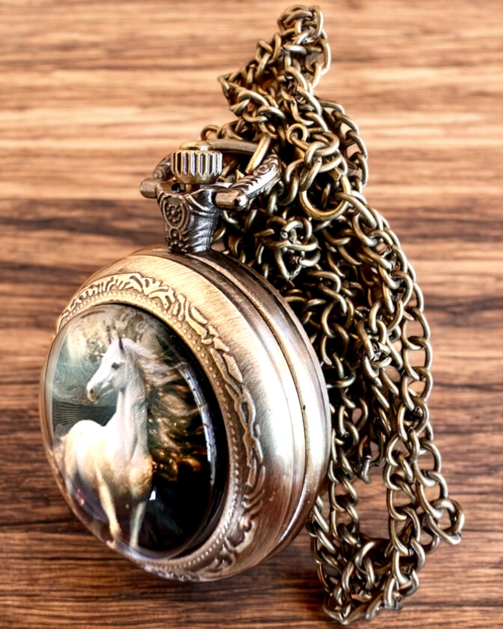 Zakhorloge Unicorn Elegance met ketting, eenhoornmotief, gratis gravure op aanvraag