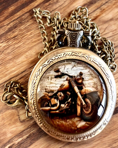 Retro Pocket Watch "Motorcycle Style", personalization option with engraving for a gift