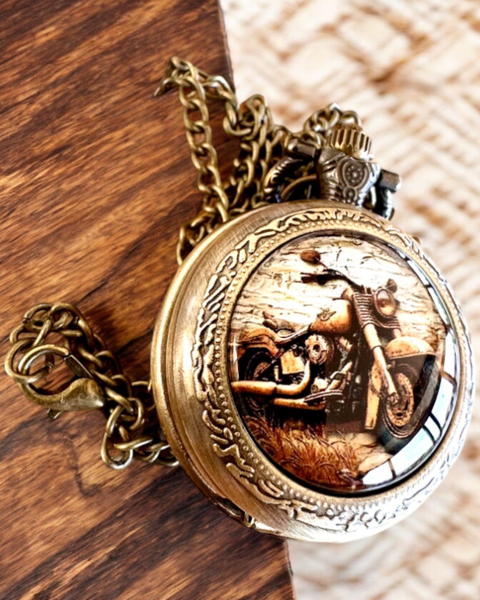 Retro Pocket Watch "Motorcycle Style", personalization option with engraving for a gift