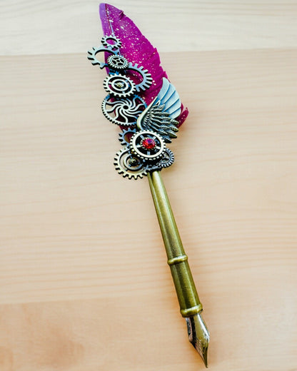 Gift Set - Burgundy-Purple Goose Feather Pen "Steampunk Elegance" with Engraving Option, for a gift