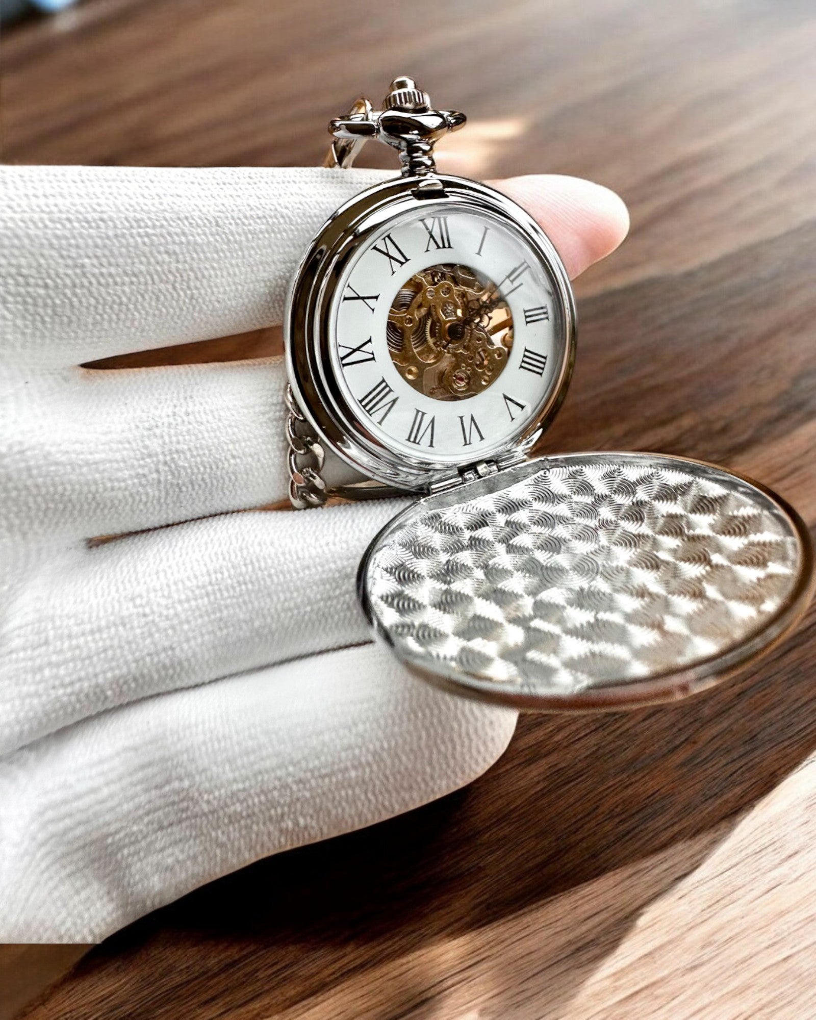 Classic Pocket Mechanical Watch with Double Cover, Manual, Silver Color