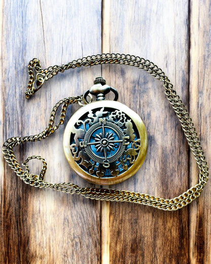 Oud-fashioned Zakhorloge met Kompasmotief en Ketting, Quartz, personalisatie met gravure