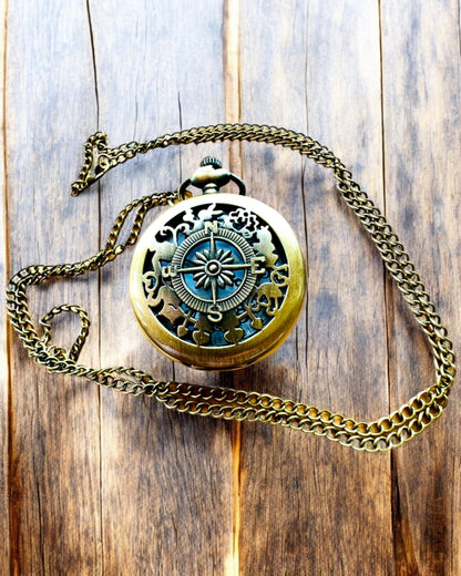 Vintage Pocket Watch with Compass Motif and Chain, Quartz, personalization with engraving