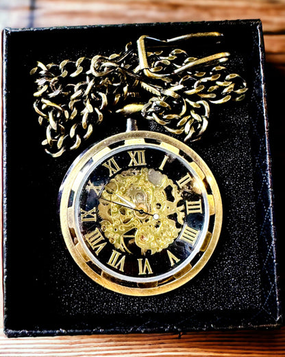 Montre de Poche Rétro – Mécanique, Couleur or martelé avec noir, Luxueuse, Étanche, Semi-automatique, personnalisation avec gravure