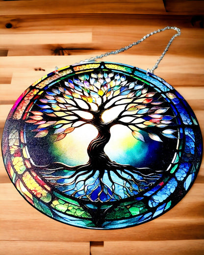 Pendentif Prismatique Solaire 'Arbre de Vie' - Décor Coloré Fenêtre