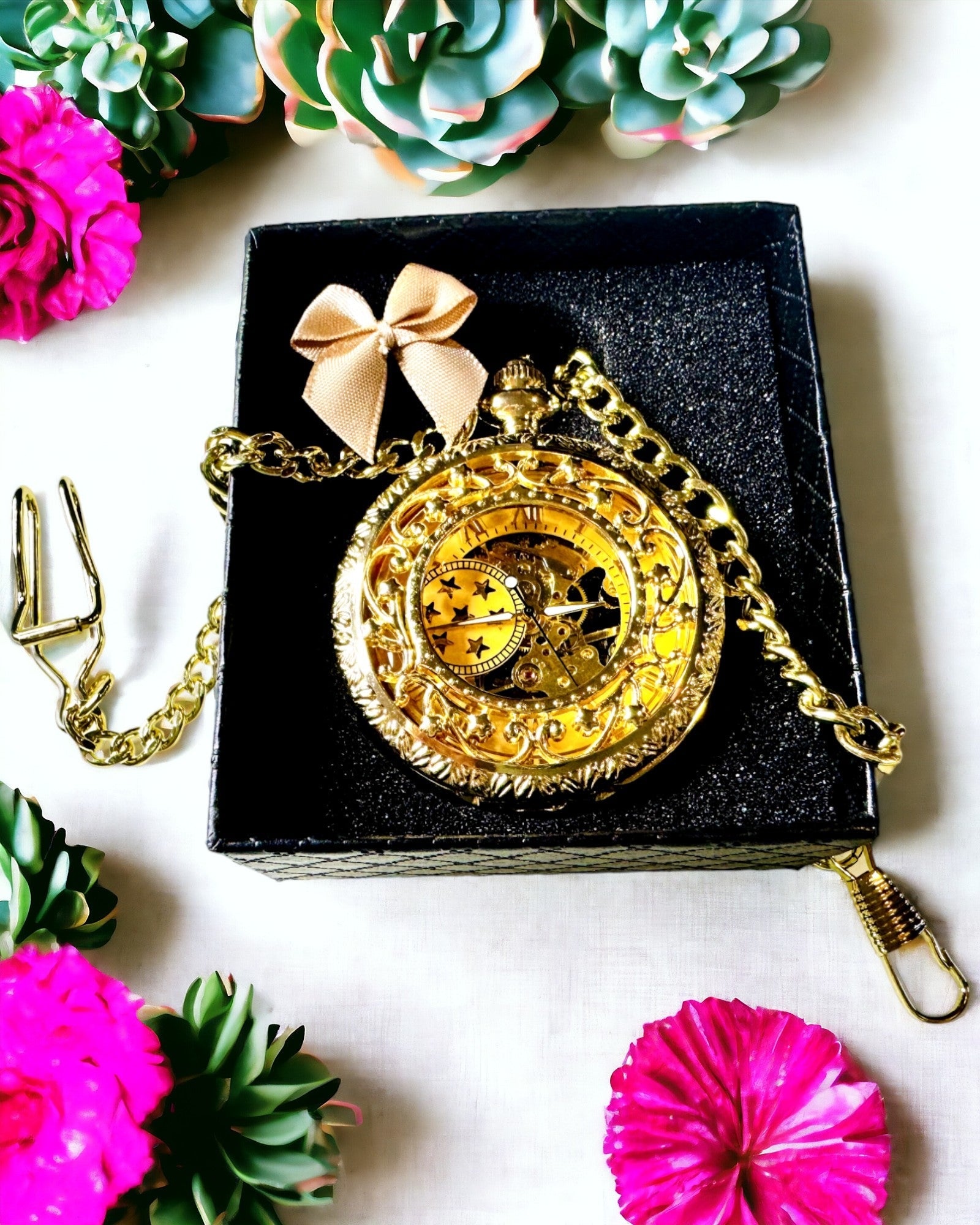 "Golden Majesty" - Luxury Mechanical Pocket Watch with Transparent Core. Personalization with engraving.