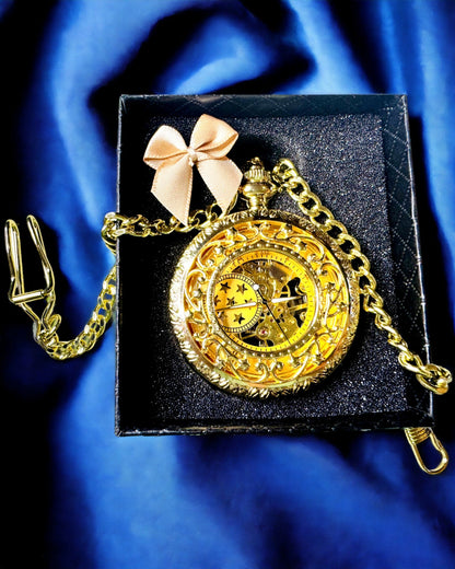 "Golden Majesty" - Luxury Mechanical Pocket Watch with Transparent Core. Personalization with engraving.