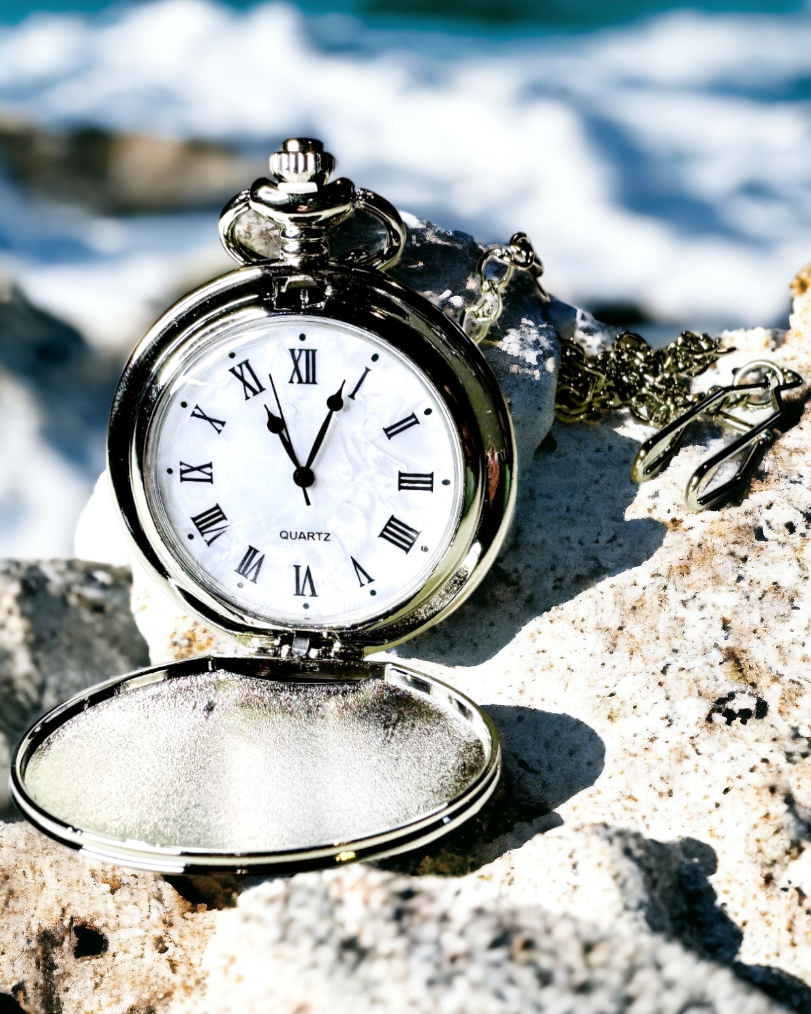 Classic Pocket Watch with Roman Numerals and Chain, Quartz, Steel Shine - silver color