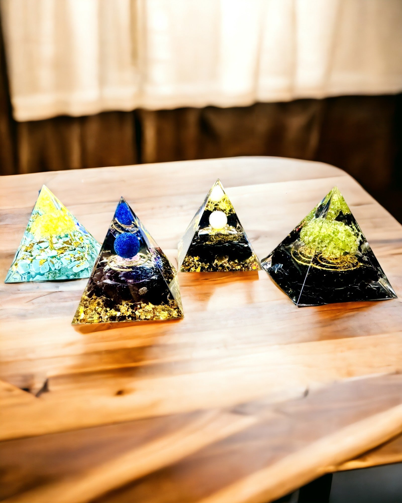 Orgonite Pyramid with Citrine and Turquoise – Chakra Energy Generator, Reiki Tool, Meditation Decoration