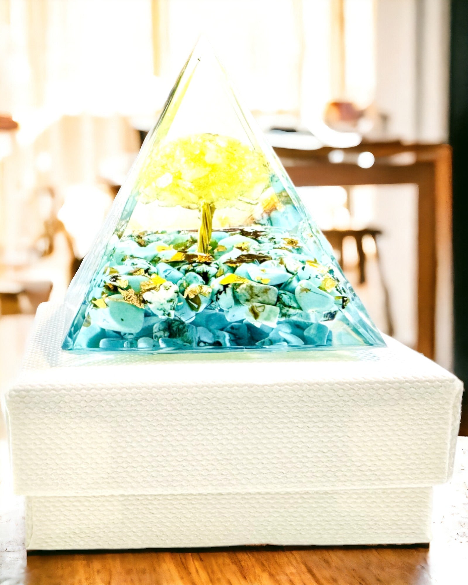 Orgonite Pyramid with Citrine and Turquoise – Chakra Energy Generator, Reiki Tool, Meditation Decoration