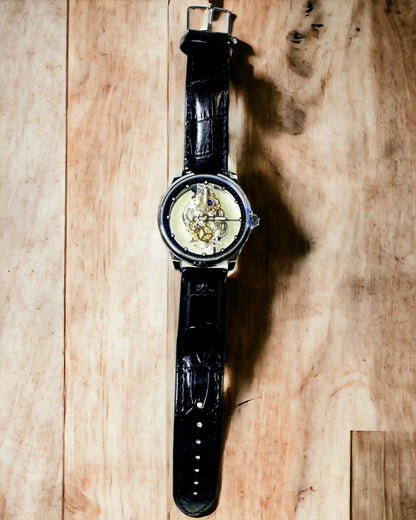 Montre Homme Quartz avec Cadran Transparent - Élégance Classique dans une Version Moderne bracelet noir. Personnalisation par gravure.