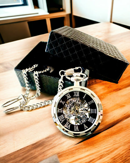 Silver Exclusive Mechanical Pocket Watch in Retro Style, Waterproof - Elegance for Every Occasion, with engraving