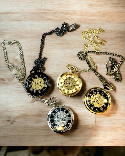 Retro Pocket Watch – Mechanical, Shredded Gold Color with Black, Luxury, Waterproof, Semi-Automatic, personalization with engraving