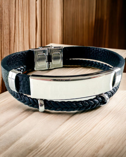 Bracelet Homme en Cuir PU et Acier Inoxydable avec Possibilité de Gravure – Disponible en Deux Variantes de Couleurs