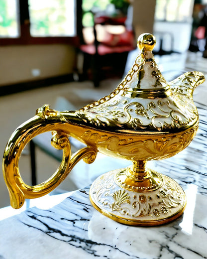 Magische Aladdin Lamp met Graveermogelijkheid - Witte Variant, verweven met goud