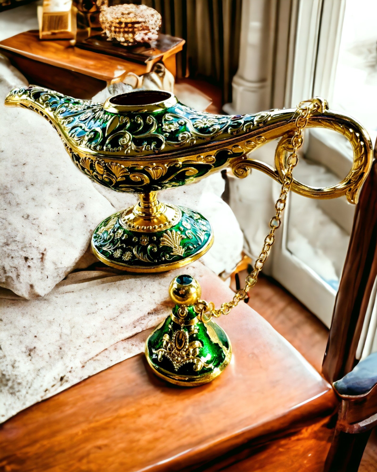 Lampe Magique d'Aladdin avec Option de Gravure - Variante Vert Foncé, entrelacé d'or