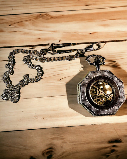 Classic Silver Octagonal Mechanical Pocket Watch with Skeleton Dial in Steampunk Style