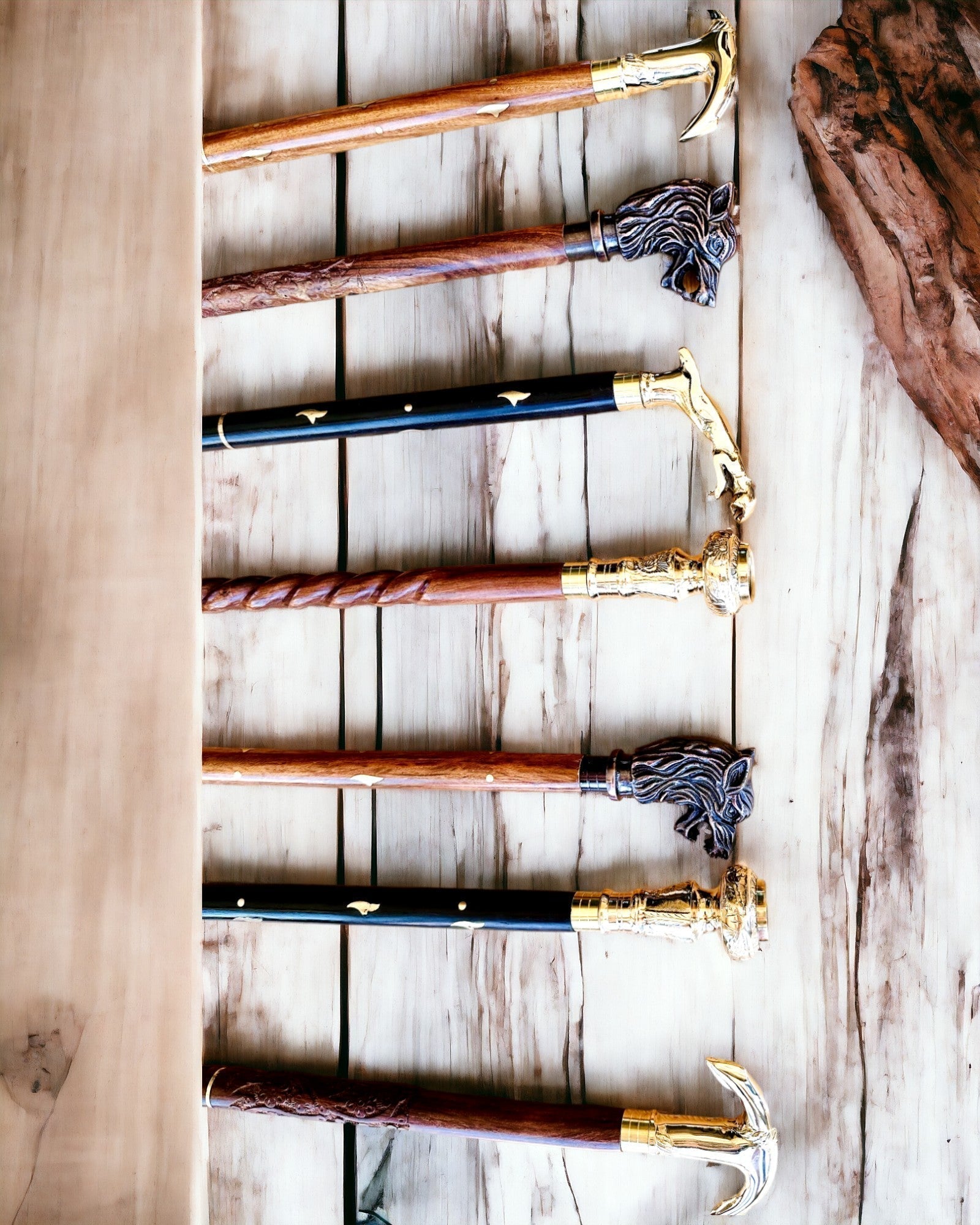 Hand-Carved Travel Cane, for Walking "Royal Wanderer" in brown with golden embellishments