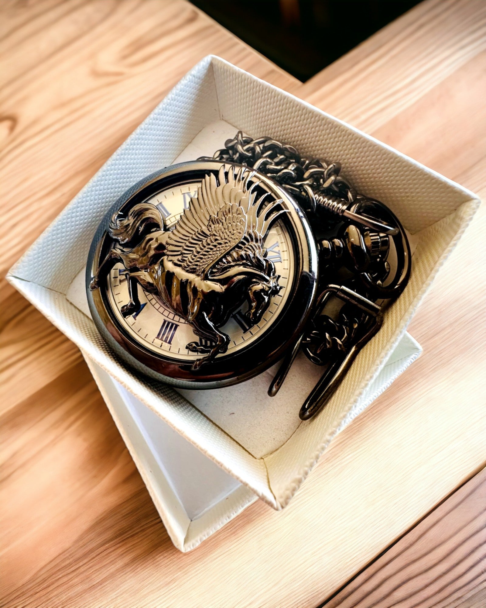 Pocket Watch "Equus Tempus" - Black with Horse Motif, personalization option with engraving - white dial