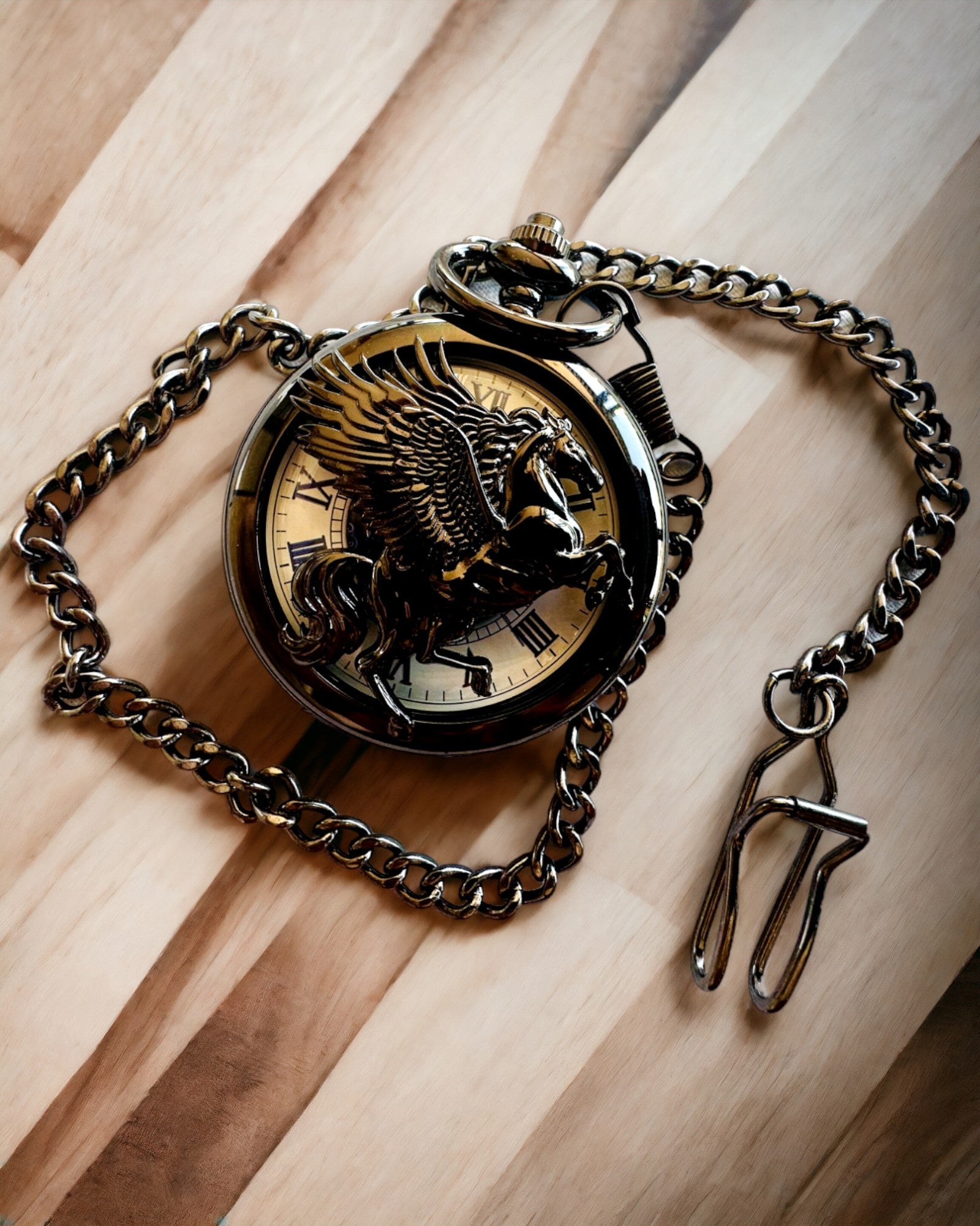 Pocket Watch "Equus Tempus" - Black with Horse Motif, personalization option with engraving - white dial