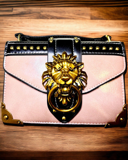 Square Light Purple Lion Motif Shoulder Bag – Elegant Handbag Made of Textured PU Leather. Personalization with engraving.