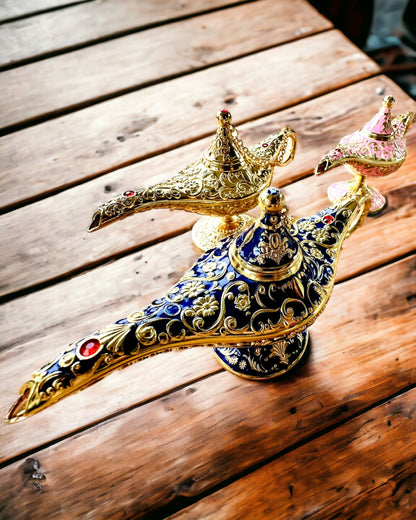 Magische Aladdin Lamp met Graveermogelijkheid - Donkerblauwe Variant, doorweven met goud