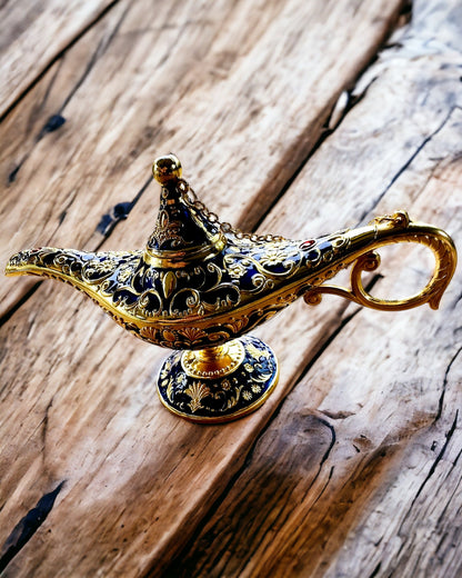 Magische Aladdin Lamp met Graveermogelijkheid - Donkerblauwe Variant, doorweven met goud