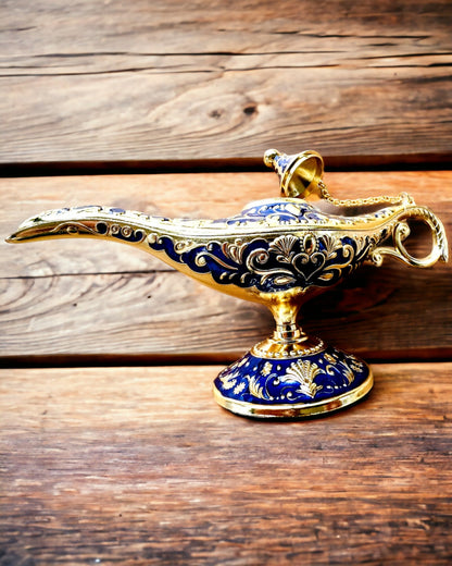 Magische Aladdin Lamp met Graveermogelijkheid - Donkerblauwe Variant, doorweven met goud