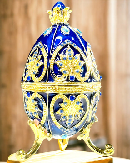 Ekskluzywne Jajko Faberge - kolor ciemny niebieski – Dekoracyjne Pudełko na Biżuterię z Emalii