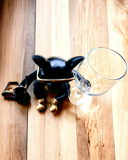 Figurine exclusive "Bulldog Stylé", couleur noire, support pour verre à vin ou champagne, personnalisation par gravure.