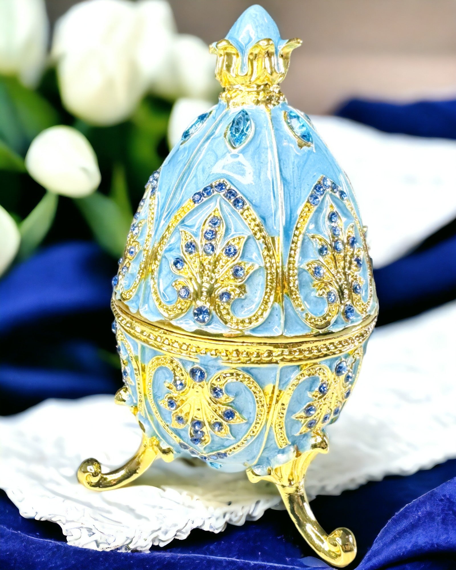 Niebiańskie Jajko Faberge – Emaliowany Organizator Biżuterii - kolor niebieskie niebo. Personalizacja grawerem