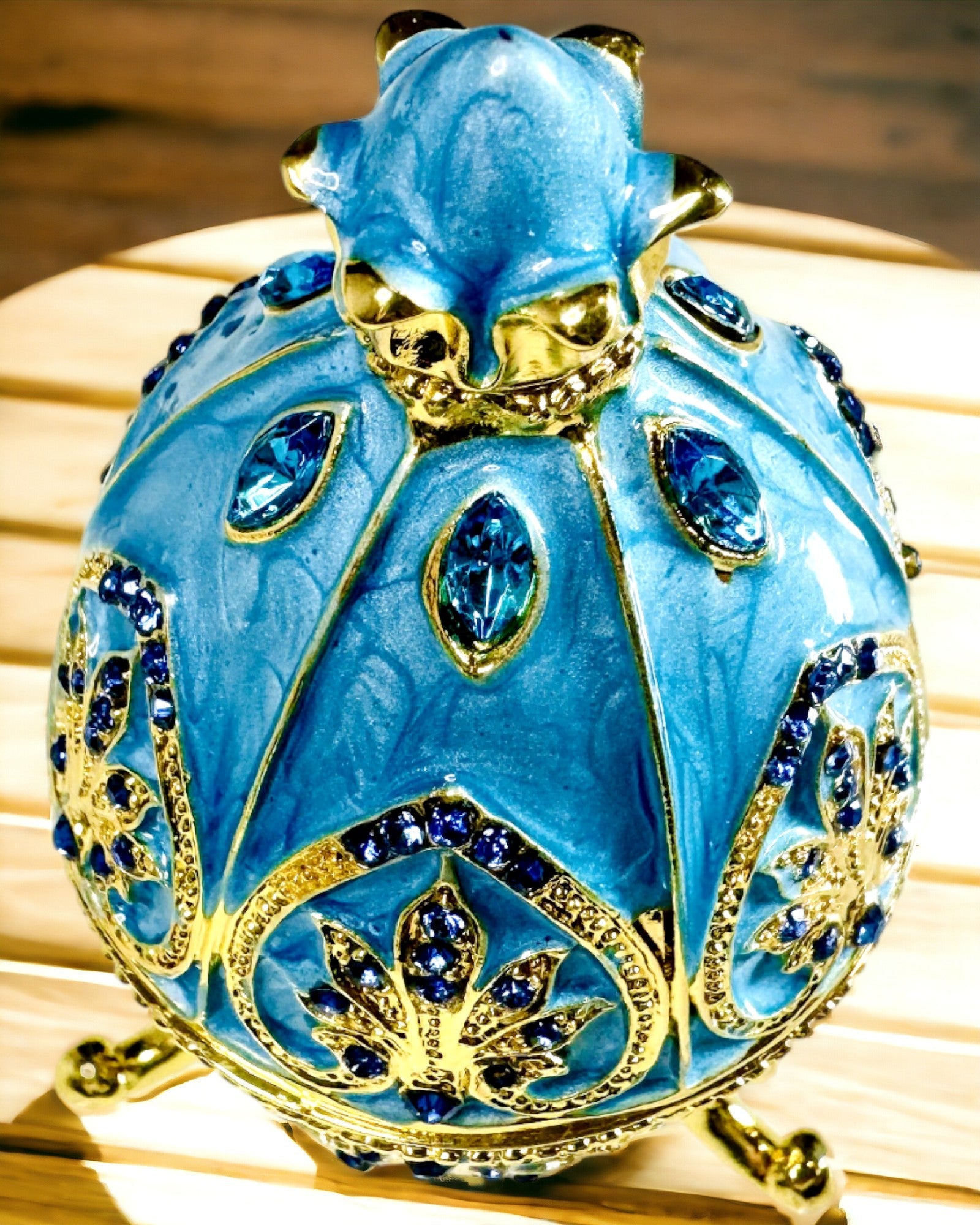 Heavenly Faberge Egg – Enamel Jewelry Organizer - color blue sky. Personalization with engraving.