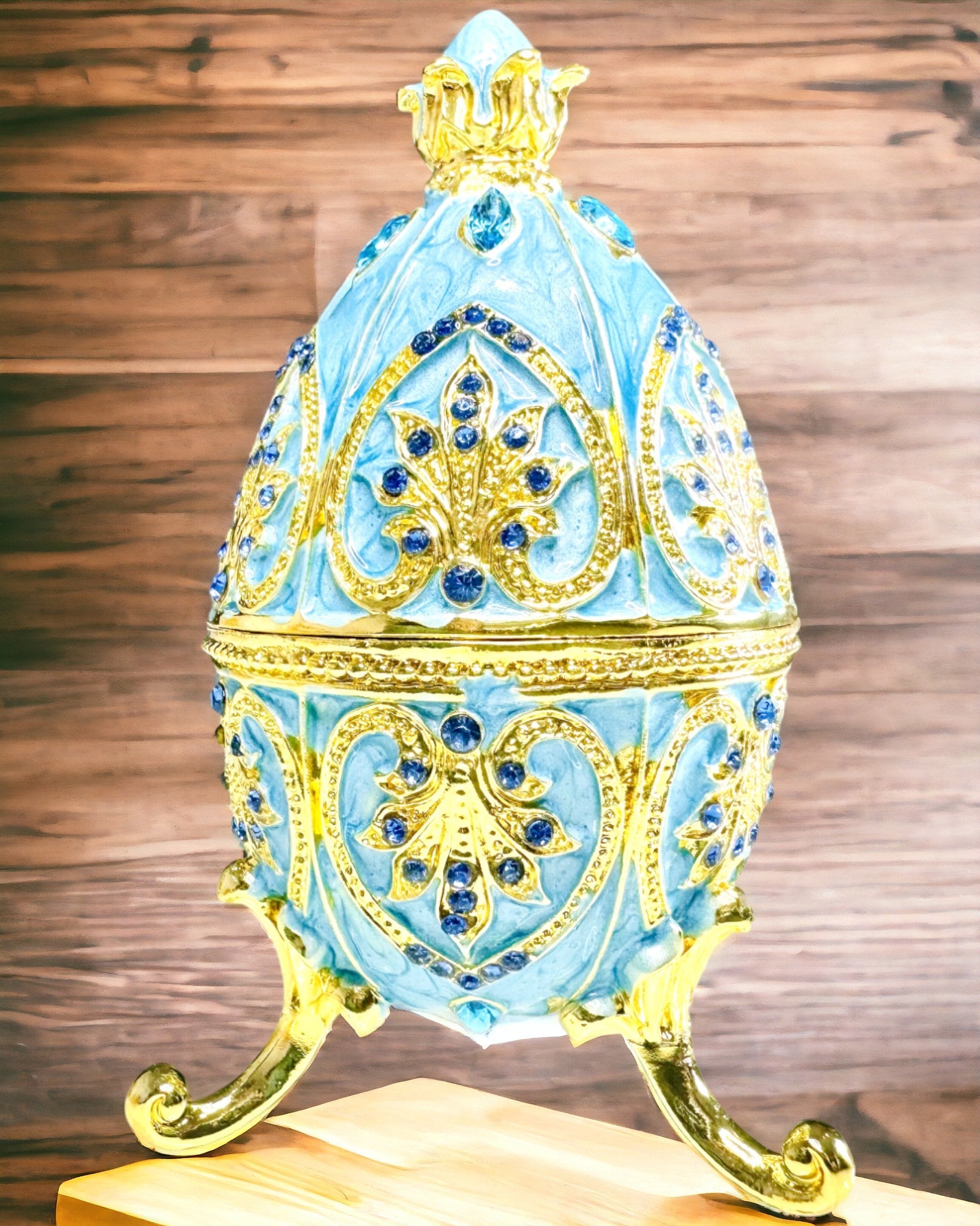 Heavenly Faberge Egg – Enamel Jewelry Organizer - color blue sky. Personalization with engraving.