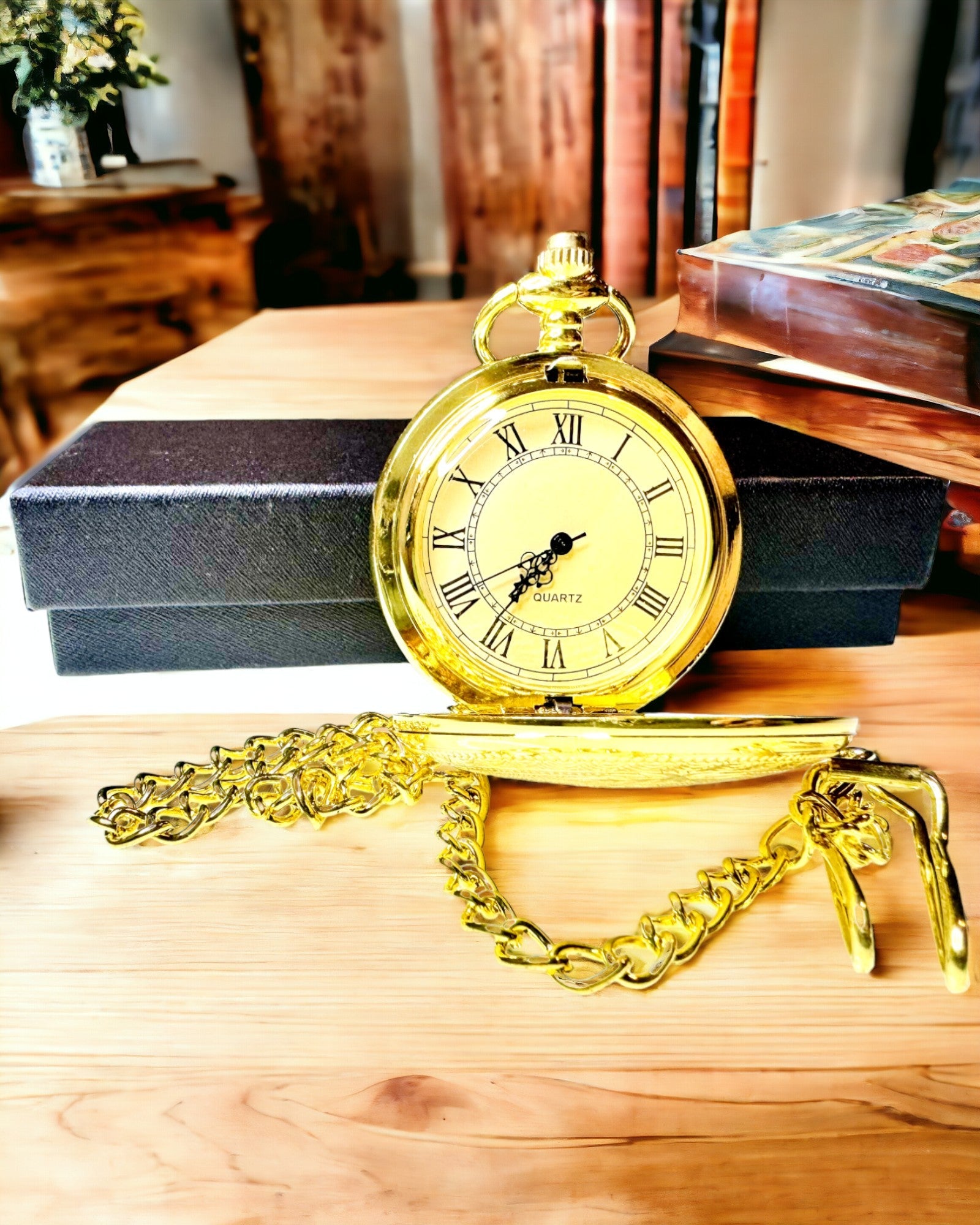 Gouden Vintage Zakhorloge met Houtsnijwerk – Elegante Mannelijke Accessoire, Perfect Cadeau-idee