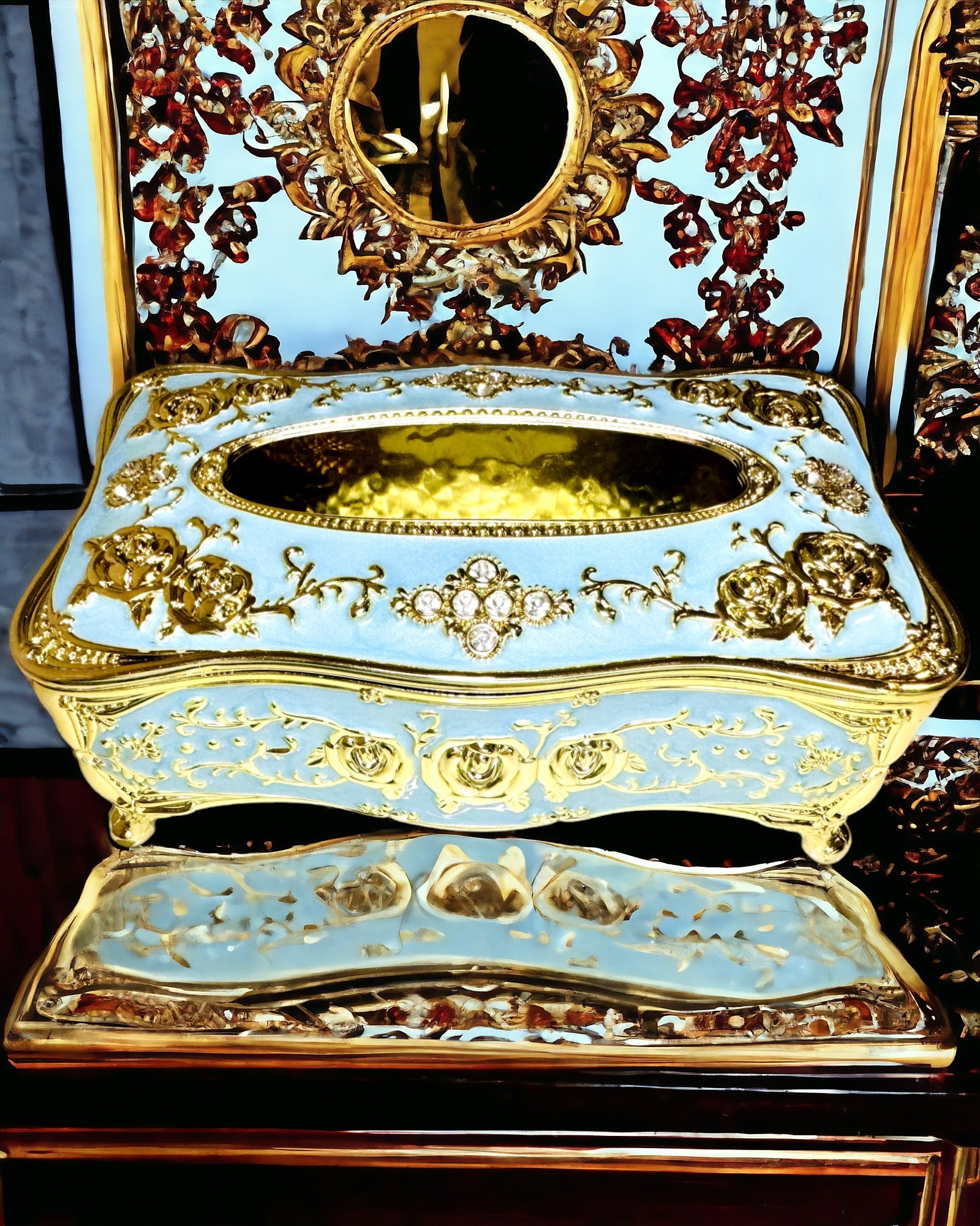 Boîte à mouchoirs de luxe avec motif de rose en relief et poignées élégantes