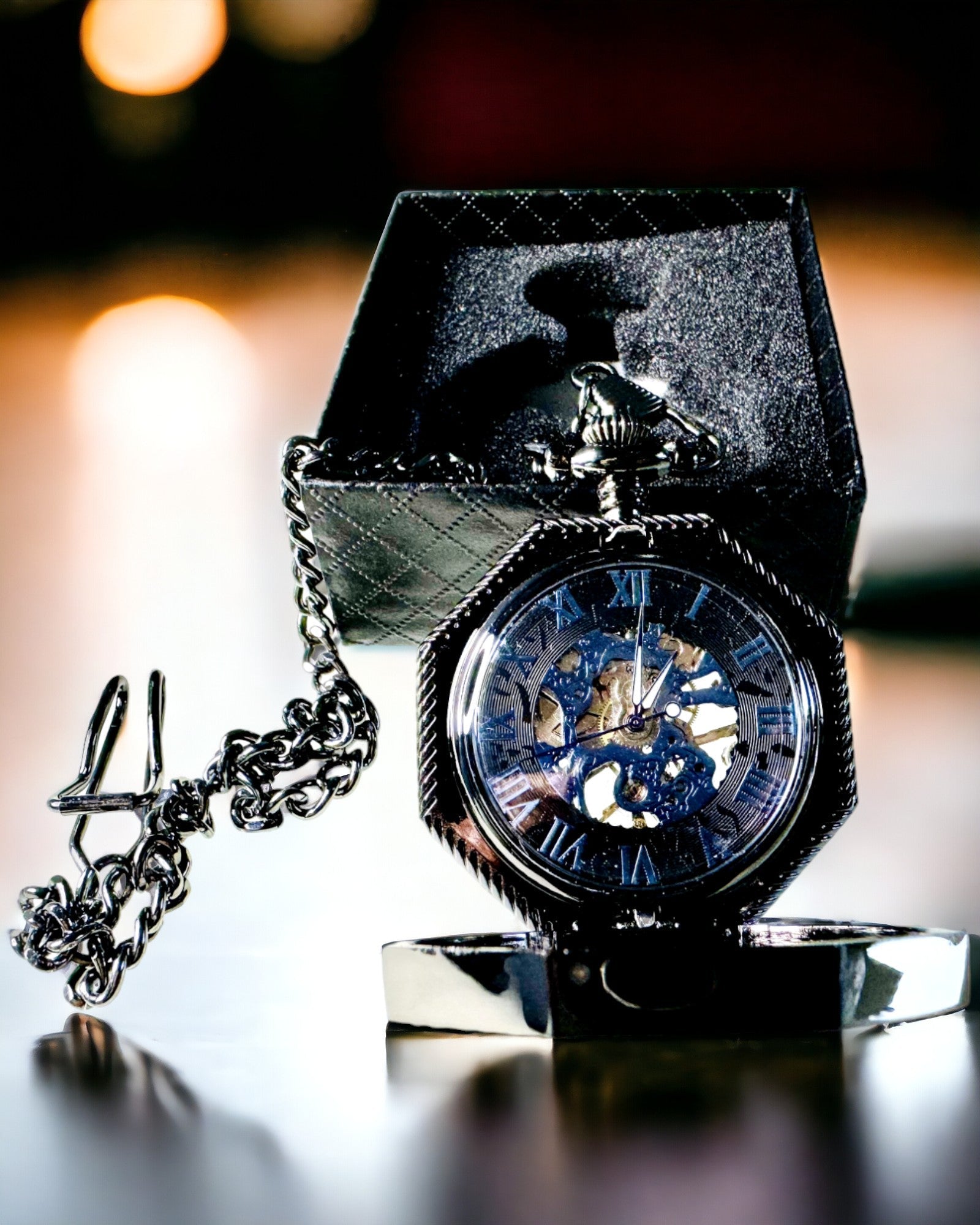 Montre de poche mécanique octogonale classique steampunk de couleur noire, gravée