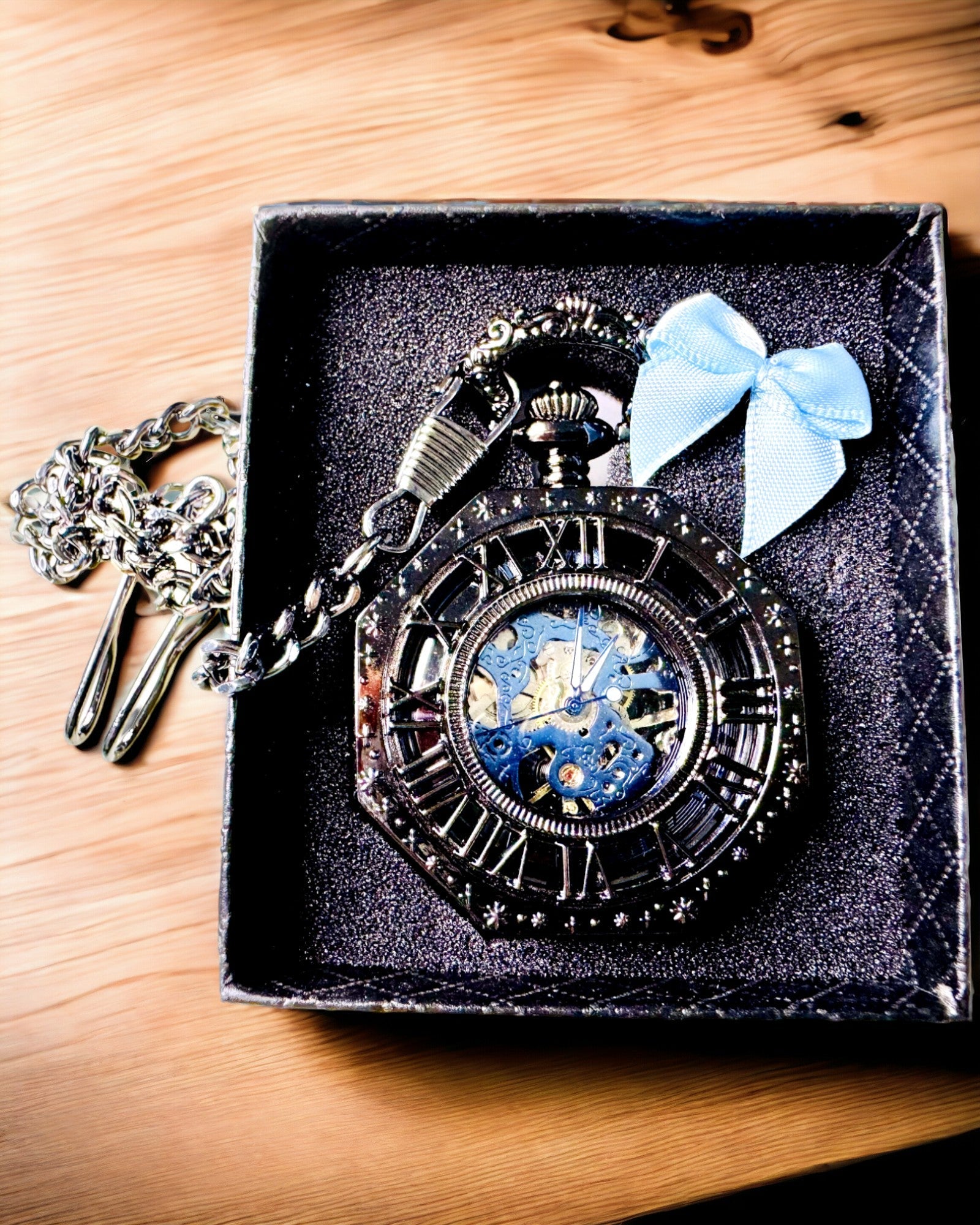 Classic Octagonal Mechanical Pocket Watch Steampunk in Black, Engraving