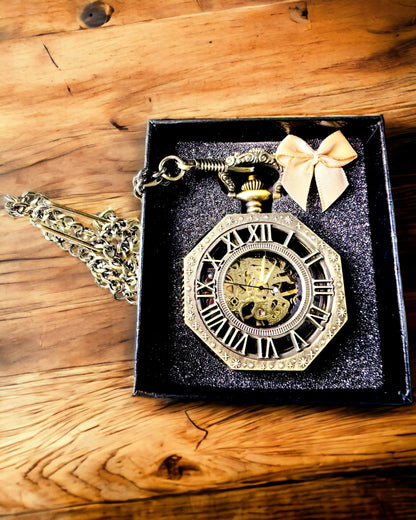 Classic Octagonal Brown Color Pocket Watch Mechanical in Steampunk Style - Timeless