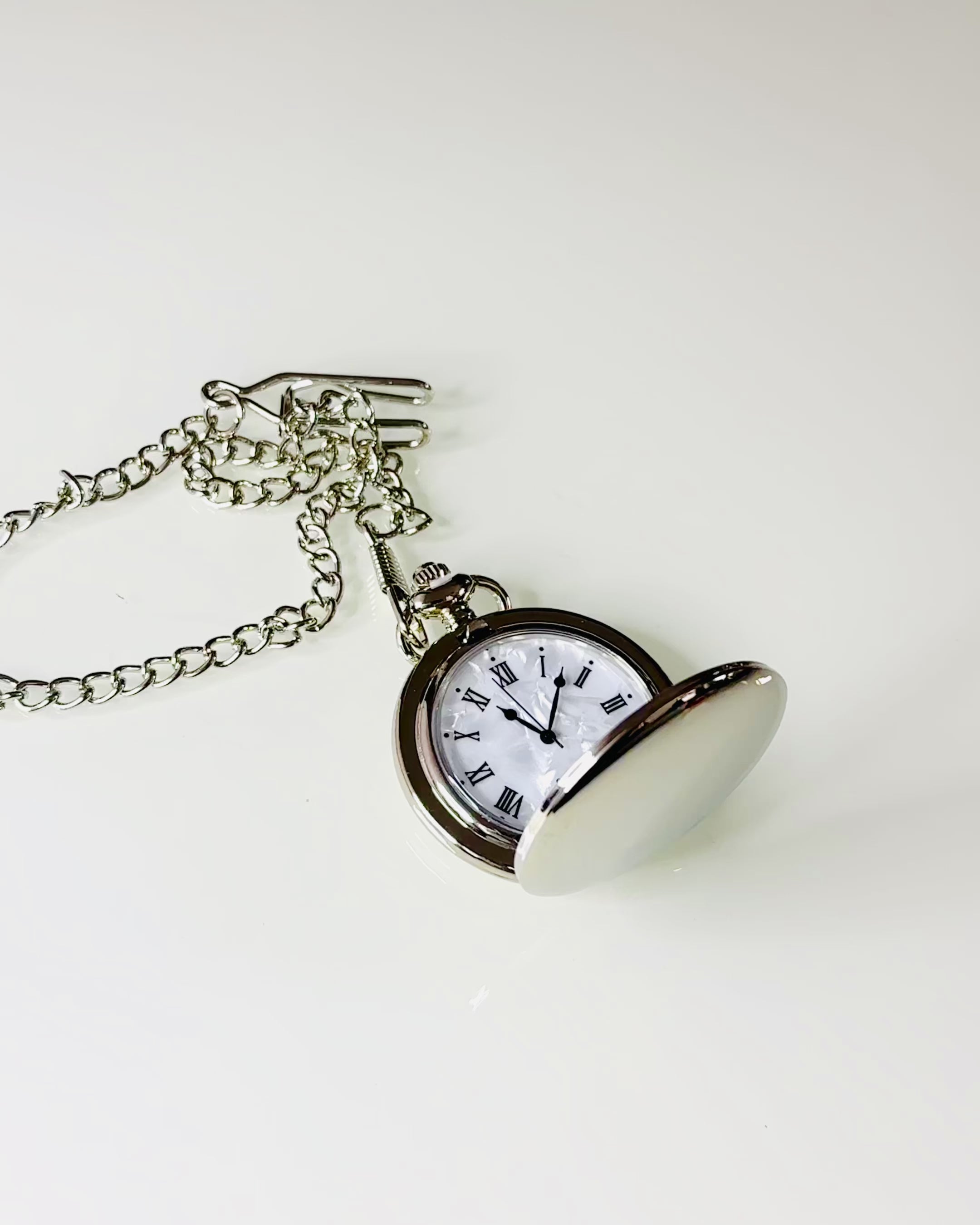 Classic Pocket Watch with Roman Numerals and Chain, Quartz, Steel Shine - silver color